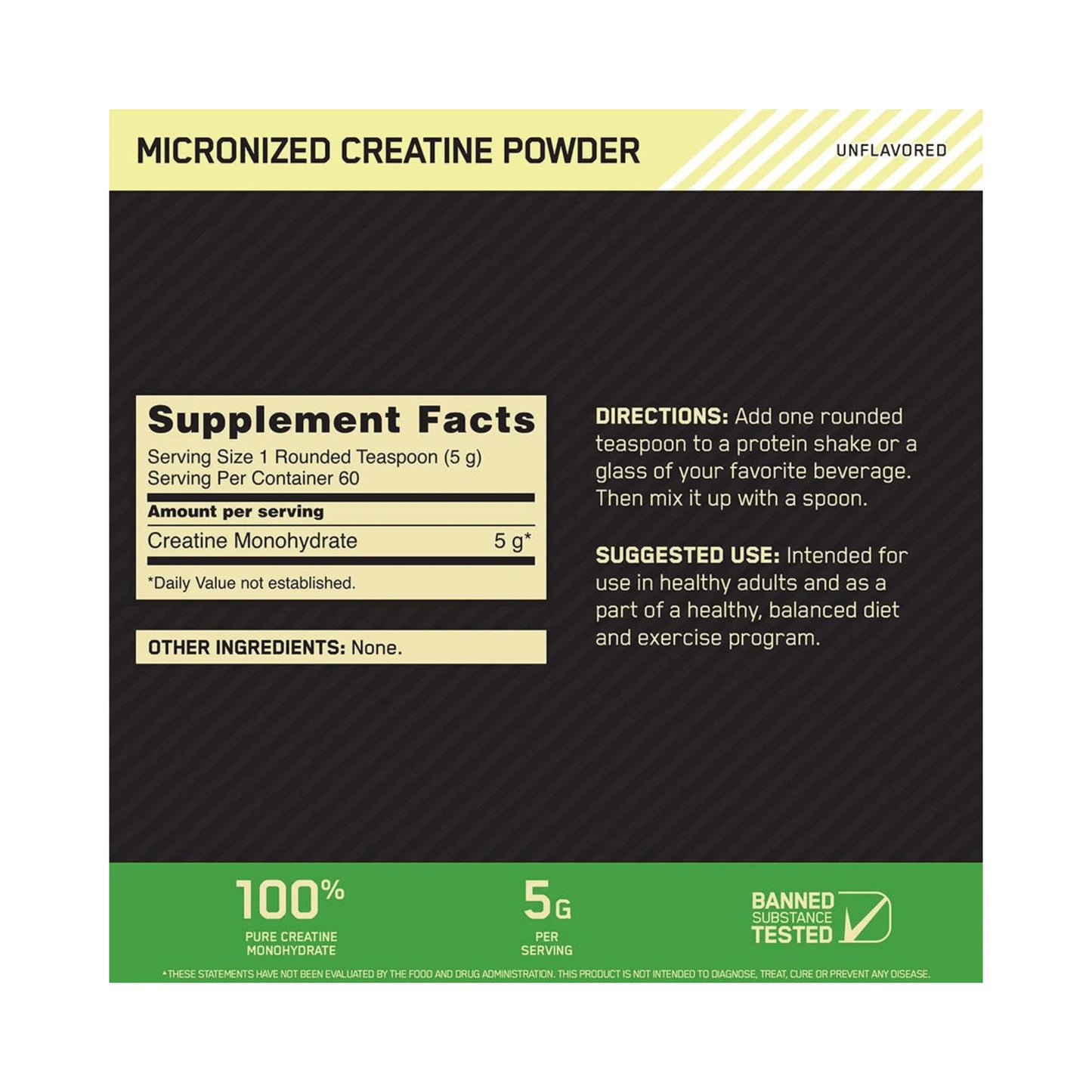 Optimum Nutrition Creatina Monohidratada y Micronizada en Polvo Sin Sabor 600G 120 Servicios.