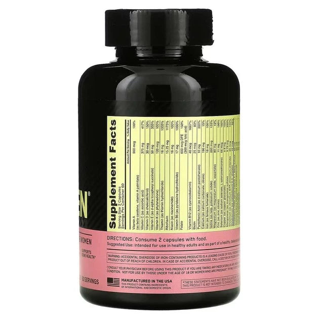 Opti-Women de Optimum Nutrition, suplemento multivitamínico diario para mujeres con hierro, vitamina C, zinc y vitamina D para reforzar el sistema inmunitario, 120 cápsulas